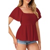 image:imageLYANER Womens Summer Smocked Peplum Top Square Neck Short Sleeve Ruffle Hem Blouse Babydoll ShirtBurgundy