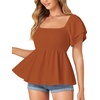 image:imageLYANER Womens Summer Smocked Peplum Top Square Neck Short Sleeve Ruffle Hem Blouse Babydoll ShirtCaramel