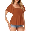 image:imageLYANER Womens Summer Smocked Peplum Top Square Neck Short Sleeve Ruffle Hem Blouse Babydoll ShirtCaramel