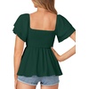 image:imageLYANER Womens Summer Smocked Peplum Top Square Neck Short Sleeve Ruffle Hem Blouse Babydoll ShirtDark Green