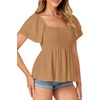 image:imageLYANER Womens Summer Smocked Peplum Top Square Neck Short Sleeve Ruffle Hem Blouse Babydoll ShirtDark Khaki