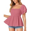 image:imageLYANER Womens Summer Smocked Peplum Top Square Neck Short Sleeve Ruffle Hem Blouse Babydoll ShirtDark Pink