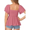 image:imageLYANER Womens Summer Smocked Peplum Top Square Neck Short Sleeve Ruffle Hem Blouse Babydoll ShirtDark Pink
