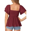 image:imageLYANER Womens Summer Smocked Peplum Top Square Neck Short Sleeve Ruffle Hem Blouse Babydoll ShirtDark Red