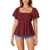 image:imageLYANER Womens Summer Smocked Peplum Top Square Neck Short Sleeve Ruffle Hem Blouse Babydoll ShirtDark Red