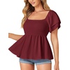 image:imageLYANER Womens Summer Smocked Peplum Top Square Neck Short Sleeve Ruffle Hem Blouse Babydoll ShirtDark Red