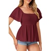 image:imageLYANER Womens Summer Smocked Peplum Top Square Neck Short Sleeve Ruffle Hem Blouse Babydoll ShirtDark Red