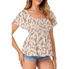 image:imageLYANER Womens Summer Smocked Peplum Top Square Neck Short Sleeve Ruffle Hem Blouse Babydoll ShirtFloral Beige
