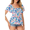 image:imageLYANER Womens Summer Smocked Peplum Top Square Neck Short Sleeve Ruffle Hem Blouse Babydoll ShirtFloral Multicolor