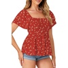 image:imageLYANER Womens Summer Smocked Peplum Top Square Neck Short Sleeve Ruffle Hem Blouse Babydoll ShirtFloral Red