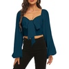 image:imageLYANER Womens Tie Knot Front Shirred Back Lantern Long Sleeve Crop Blouse Tee TopNavy Blue