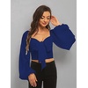image:imageLYANER Womens Tie Knot Front Shirred Back Lantern Long Sleeve Crop Blouse Tee TopNavy Blue