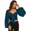 image:imageLYANER Womens Tie Knot Front Shirred Back Lantern Long Sleeve Crop Blouse Tee TopNavy Blue