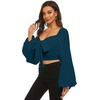 image:imageLYANER Womens Tie Knot Front Shirred Back Lantern Long Sleeve Crop Blouse Tee TopNavy Blue