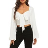 image:imageLYANER Womens Tie Knot Front Shirred Back Lantern Long Sleeve Crop Blouse Tee TopWhite