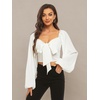 image:imageLYANER Womens Tie Knot Front Shirred Back Lantern Long Sleeve Crop Blouse Tee TopWhite