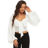 image:imageLYANER Womens Tie Knot Front Shirred Back Lantern Long Sleeve Crop Blouse Tee TopWhite