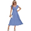 image:imageLYANER Womens V Neck Shirred Waist Layered Ruffle Sleeve Swing Flowy ALine Maxi DressBlue