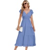 image:imageLYANER Womens V Neck Shirred Waist Layered Ruffle Sleeve Swing Flowy ALine Maxi DressBlue