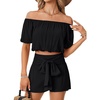 image:imageLYANER Womens 2 Piece Outfits Off Shoulder Ruched Crop Top Tie Front Shirred Shorts SetsBlack