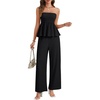 image:imageLYANER Womens 2 Piece Outfits Ruched Strapless Tube Top and Wide Leg Pant Sets Suit with Pocket Black Medium