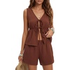 image:imageLYANER Womens 2 Piece Outfits Tie Front Sleeveless Top and Mid Rise Shorts Set SuitBrown