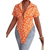 image:imageLYANER Womens Button Down Collar V Neck Open Front Short Sleeve Slit Hem Long Shirt Blouse TopsScroll Pattern Orange