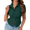 image:imageLYANER Womens Button Down V Neck Ruched Slim Fitted Ribbed Short Sleeve Work Shirt Blouse TopDark Green