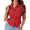 image:imageLYANER Womens Button Down V Neck Ruched Slim Fitted Ribbed Short Sleeve Work Shirt Blouse TopRed