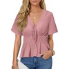 image:imageLYANER Womens Deep V Neck Tie Knot Ruffle Ruched Short Sleeve Sexy Blouse TopDeep Pink