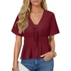 image:imageLYANER Womens Deep V Neck Tie Knot Ruffle Ruched Short Sleeve Sexy Blouse TopDeep Red