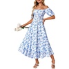 image:imageLYANER Womens Floral Off Shoulder Puff Sleeve A Line Ruched Ruffle Layered Boho Long DressBlue