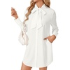 image:imageLYANER Womens Long Sleeve Mini Shirt Dress Button Down Bow Tie Mock Neck Short Dresses with PocketsSolid White