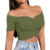 image:imageLYANER Womens Off Shoulder Ruched Short Sleeve Rib Knit Sexy Crop Top BlouseArmy Green