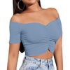 image:imageLYANER Womens Off Shoulder Ruched Short Sleeve Rib Knit Sexy Crop Top BlousePure Light Blue