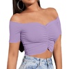 image:imageLYANER Womens Off Shoulder Ruched Short Sleeve Rib Knit Sexy Crop Top BlousePure Light Purple