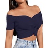 image:imageLYANER Womens Off Shoulder Ruched Short Sleeve Rib Knit Sexy Crop Top BlousePure Navy Blue