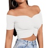 image:imageLYANER Womens Off Shoulder Ruched Short Sleeve Rib Knit Sexy Crop Top BlousePure White