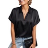image:imageLYANER Womens Silky Satin Collared V Neck Short Sleeve Business Casual Blouse TopsBlack
