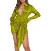 image:imageLYANER Womens Stain Deep V Neck Button Down Tie Front Long Sleeve Mini Short DressOlive Green