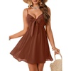 image:imageLYANER Womens Summer Sexy V Neck Spaghetti Strap Dress Ruched Tie Knot Front Short Flowy Mini DressesDark Brown