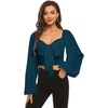 image:imageLYANER Womens Tie Knot Front Shirred Back Lantern Long Sleeve Crop Blouse Tee TopNavy Blue