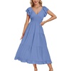 image:imageLYANER Womens V Neck Shirred Waist Layered Ruffle Sleeve Swing Flowy ALine Maxi DressBlue