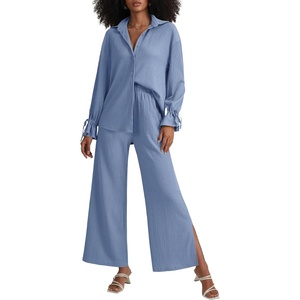 image:imageLYANER Womens 2 Piece Outfits Button Down Long Sleeve Shirt and Wide Leg Pants SetHaze Blue