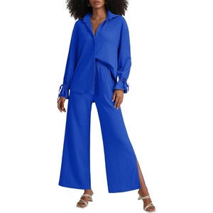 image:imageLYANER Womens 2 Piece Outfits Button Down Long Sleeve Shirt and Wide Leg Pants SetRoyal Blue