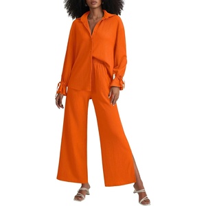 image:imageLYANER Womens 2 Piece Outfits Button Down Long Sleeve Shirt and Wide Leg Pants SetSolid Orange