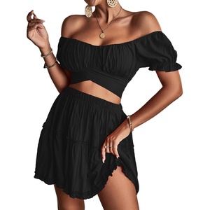 image:imageLYANER Womens 2 Piece Outfits Off Shoulder Tie Up Back Crop Top and Mini Skirt Set Solid Black XSmall