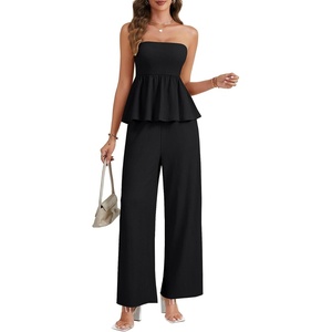 image:imageLYANER Womens 2 Piece Outfits Ruched Strapless Tube Top and Wide Leg Pant Sets Suit with Pocket Black Medium