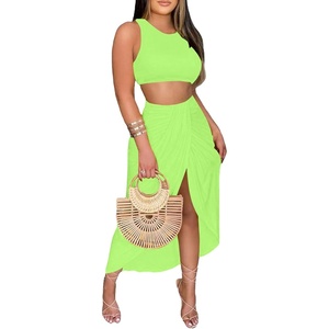 image:imageLYANER Womens 2 Piece Outfits Sleeveless Tank Crop Top and Wrap Split Slit Ruched Bodycon Midi SkirtBright Green