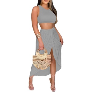 image:imageLYANER Womens 2 Piece Outfits Sleeveless Tank Crop Top and Wrap Split Slit Ruched Bodycon Midi SkirtGray